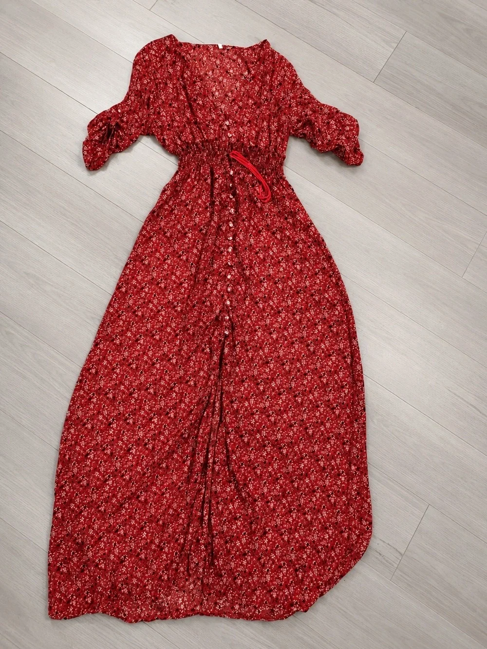 Red Floral Sheer Maxi Dress Boho Beach Cover-Up Tie Waist Size L